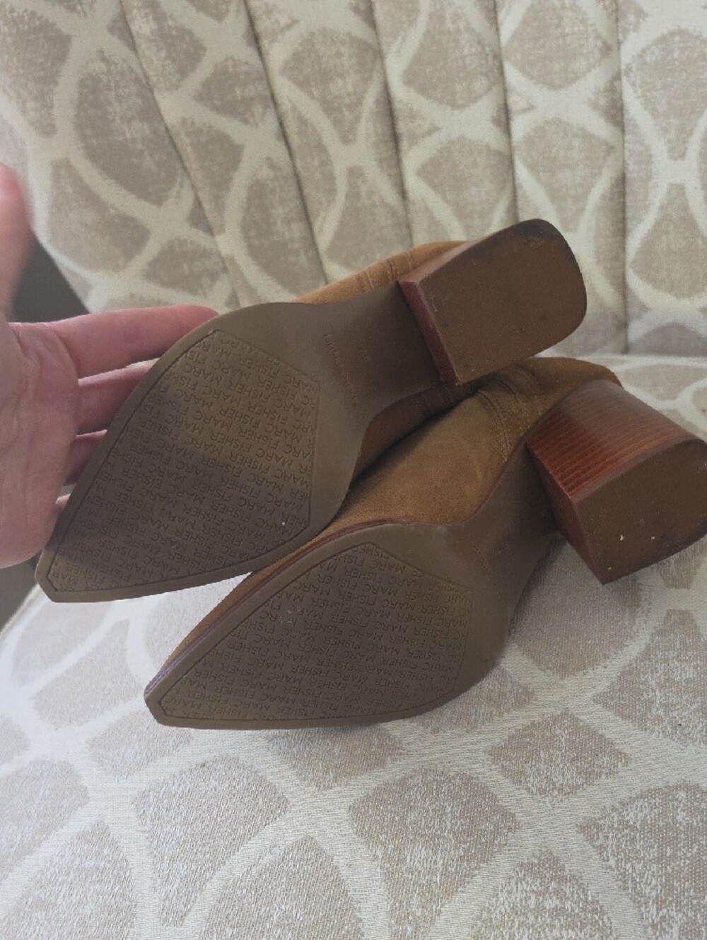 Marc Fisher Tan Suede Ankle Booties with Stacked Heel - Picture 4 of 5